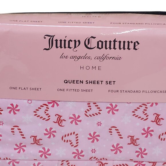 Juicy Couture Queen Sheet Set 4 Pillowcase Pink Peppermint Candy Canes Polyester - Picture 2 of 6